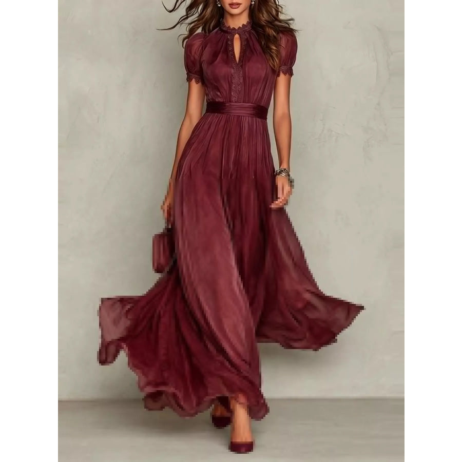 Full Size Lace Detail Puff Sleeve Maxi Dress Plus Wine Red / S Apparel and Accessories