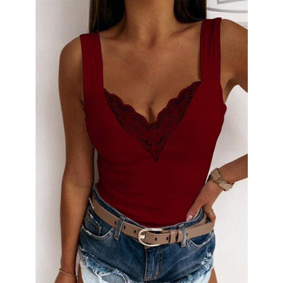 Full Size Lace Detail Sweetheart Neck Tank Burgundy / S Apparel and Accessories