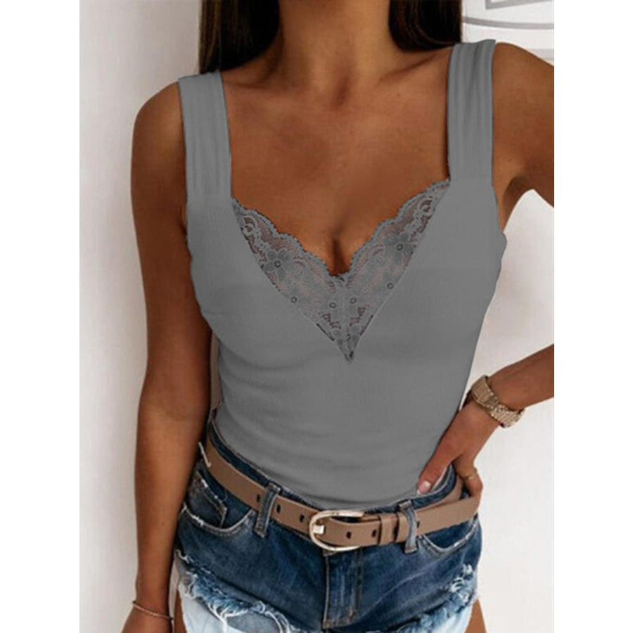 Full Size Lace Detail Sweetheart Neck Tank Dark Gray / S Apparel and Accessories