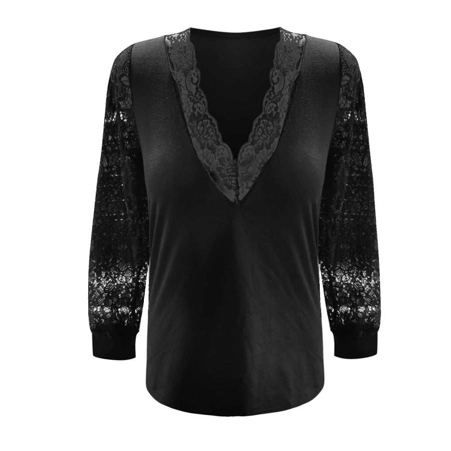 Full Size Lace Detail V-Neck Long Sleeve Blouse Black / S Apparel and Accessories