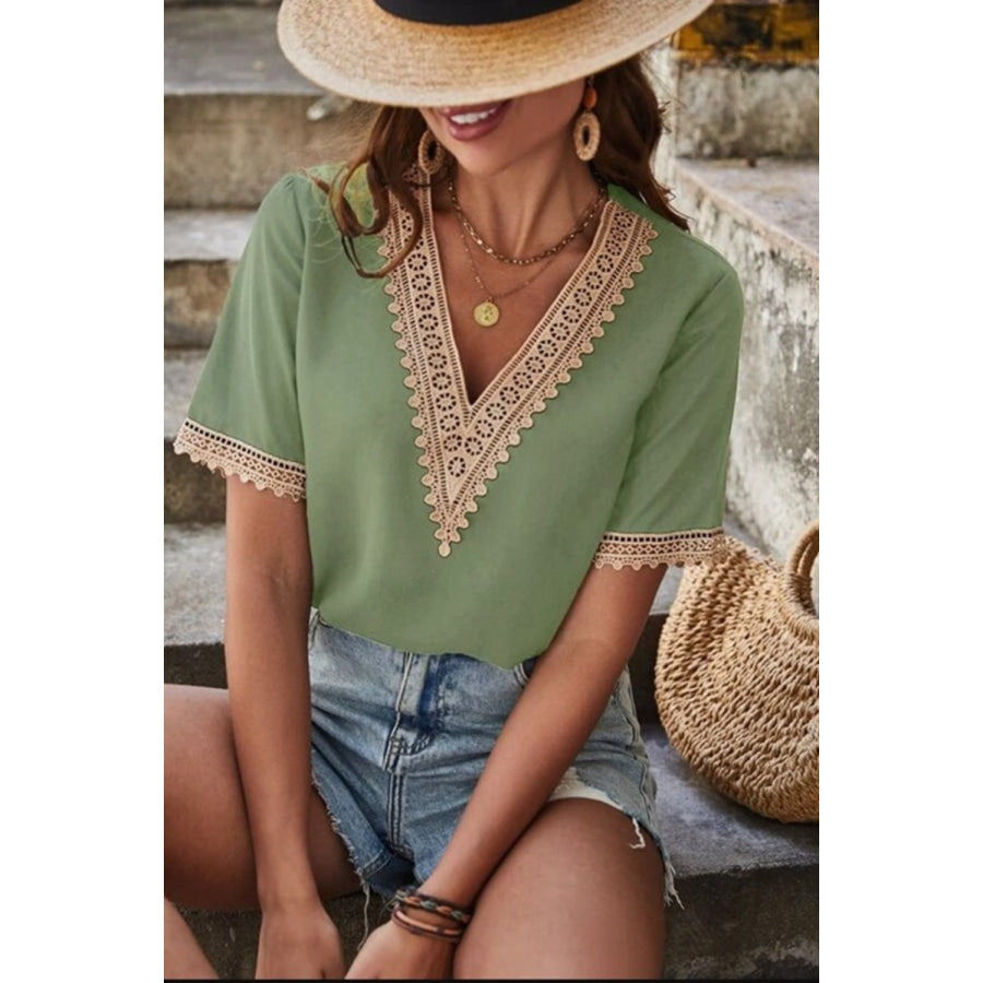 Full Size Lace Detail V - Neck Short Sleeve Blouse Apparel and Accessories