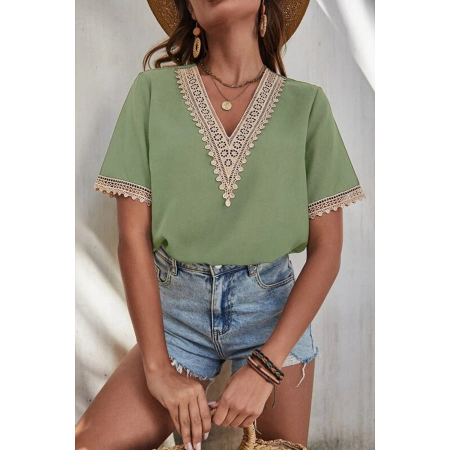 Full Size Lace Detail V - Neck Short Sleeve Blouse Apparel and Accessories