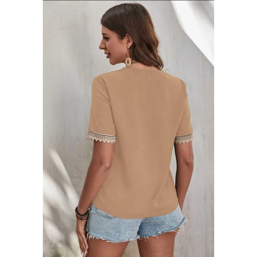 Full Size Lace Detail V - Neck Short Sleeve Blouse Apparel and Accessories