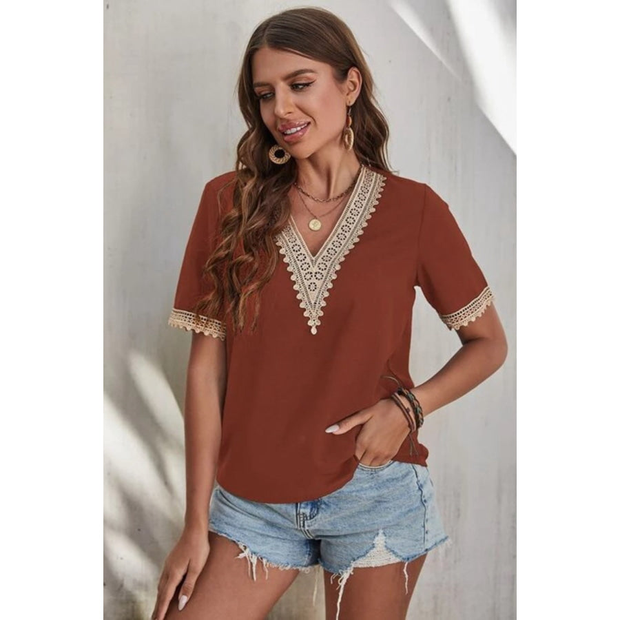 Full Size Lace Detail V - Neck Short Sleeve Blouse Apparel and Accessories