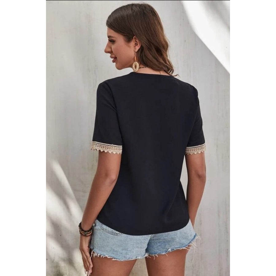 Full Size Lace Detail V - Neck Short Sleeve Blouse Apparel and Accessories