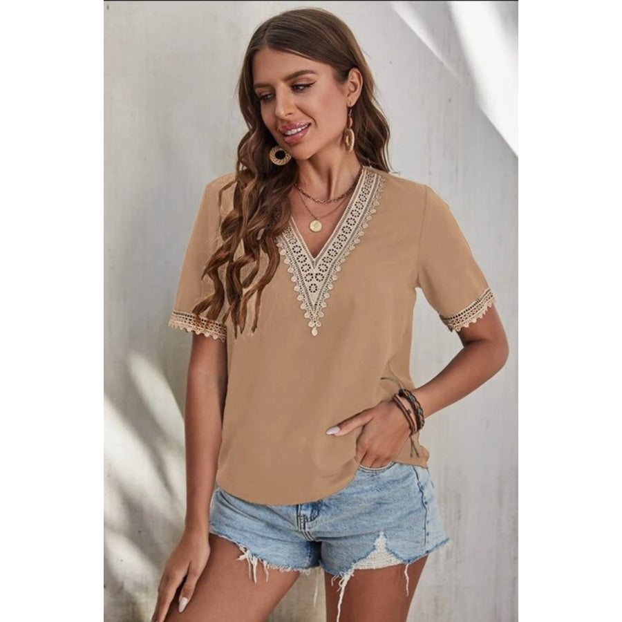 Full Size Lace Detail V - Neck Short Sleeve Blouse Apparel and Accessories