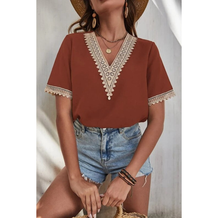 Full Size Lace Detail V - Neck Short Sleeve Blouse Chestnut / S Apparel and Accessories