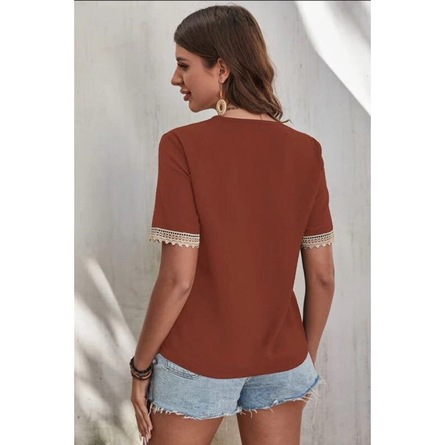 Full Size Lace Detail V - Neck Short Sleeve Blouse Apparel and Accessories