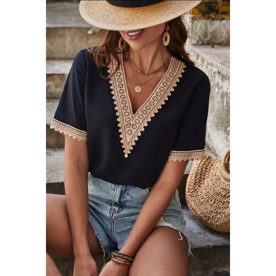 Full Size Lace Detail V - Neck Short Sleeve Blouse Apparel and Accessories