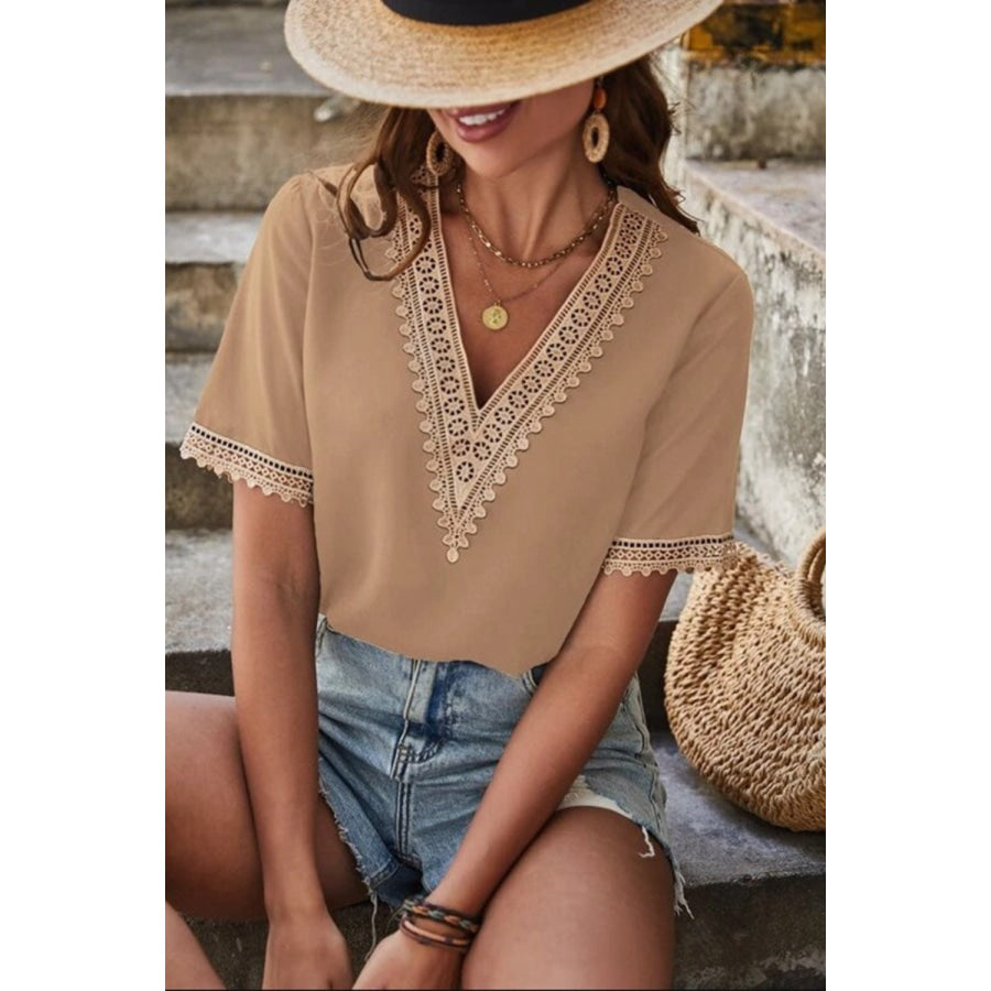 Full Size Lace Detail V - Neck Short Sleeve Blouse Apparel and Accessories