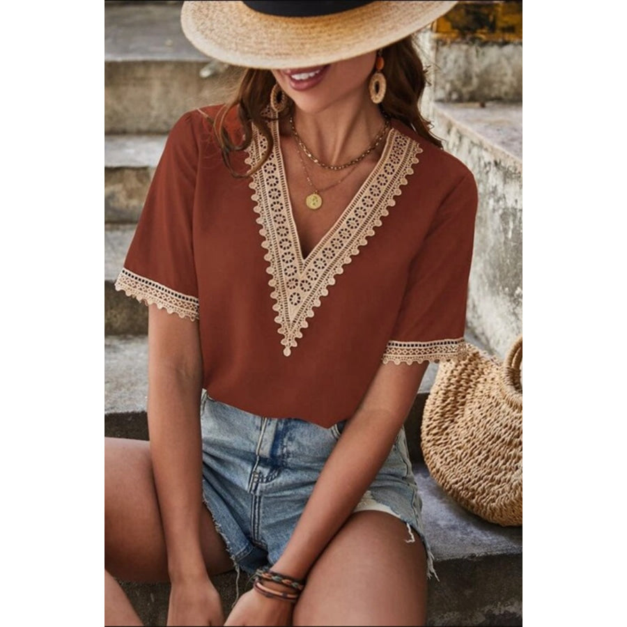 Full Size Lace Detail V - Neck Short Sleeve Blouse Chestnut / S Apparel and Accessories