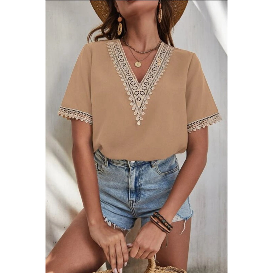 Full Size Lace Detail V - Neck Short Sleeve Blouse Tan / S Apparel and Accessories