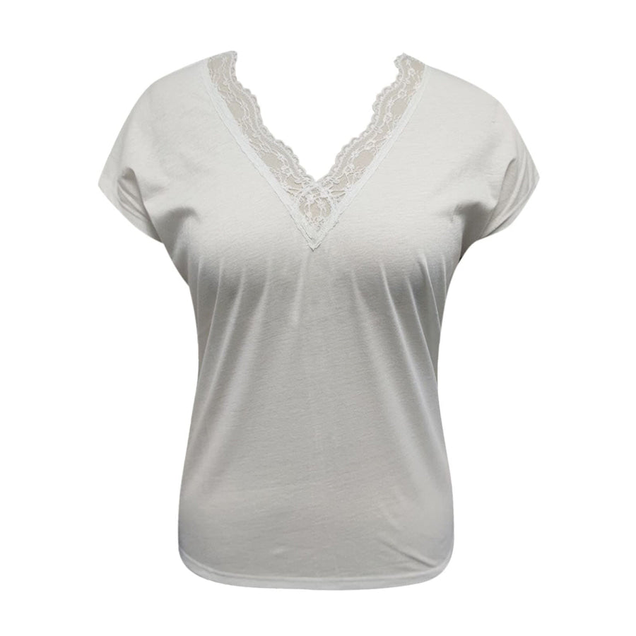 Full Size Lace Detail V - Neck Short Sleeve Blouse White / S Apparel and Accessories