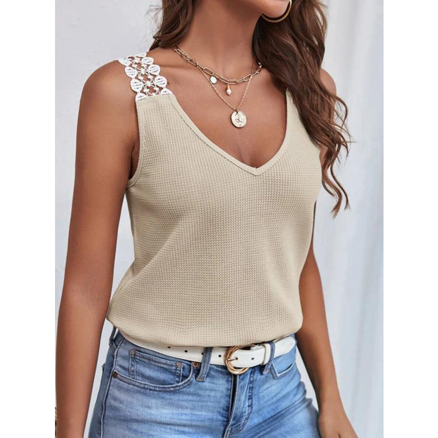 Full Size Lace Detail V - Neck Tank Beige / S Apparel and Accessories