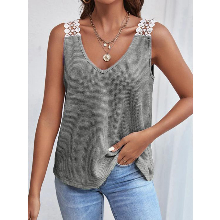 Full Size Lace Detail V - Neck Tank Charcoal / S Apparel and Accessories