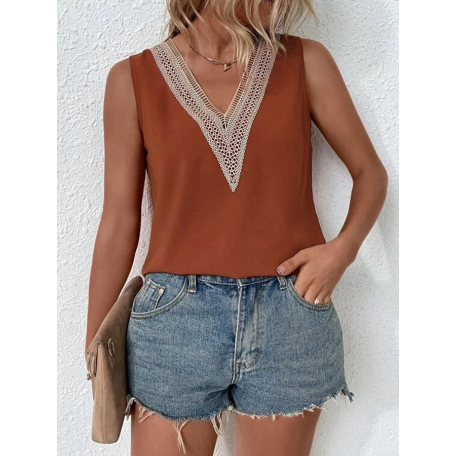 Full Size Lace Detail V-Neck Tank Chestnut / S Apparel and Accessories