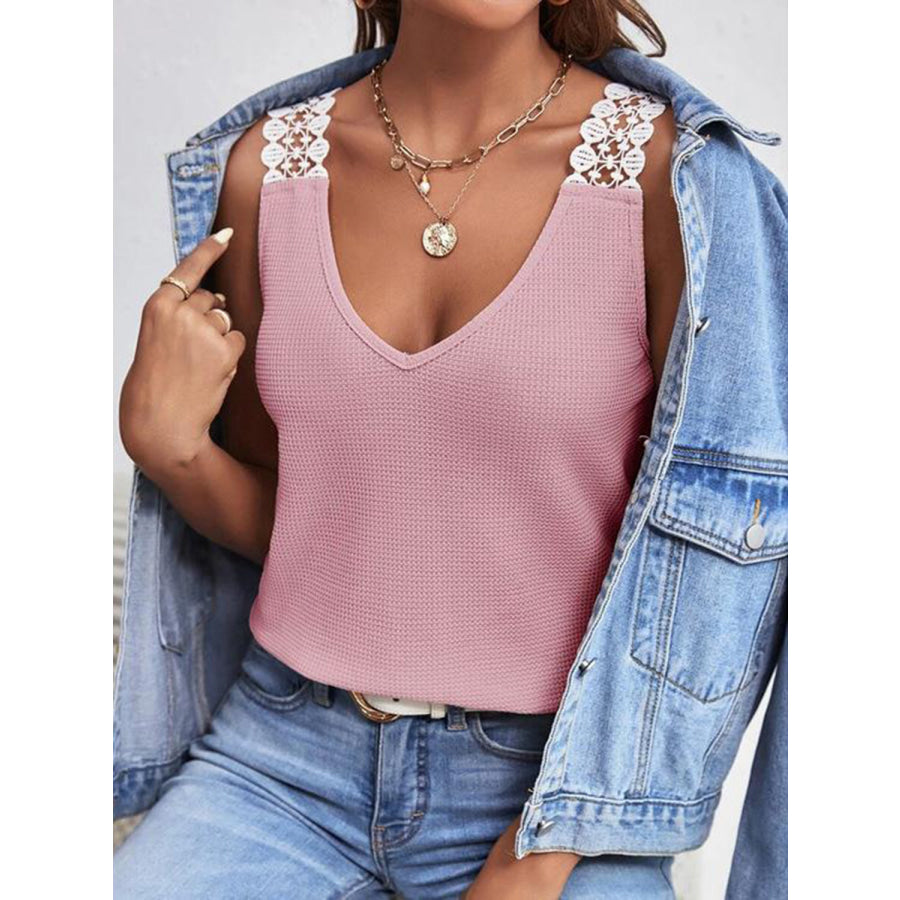 Full Size Lace Detail V - Neck Tank Dusty Pink / S Apparel and Accessories