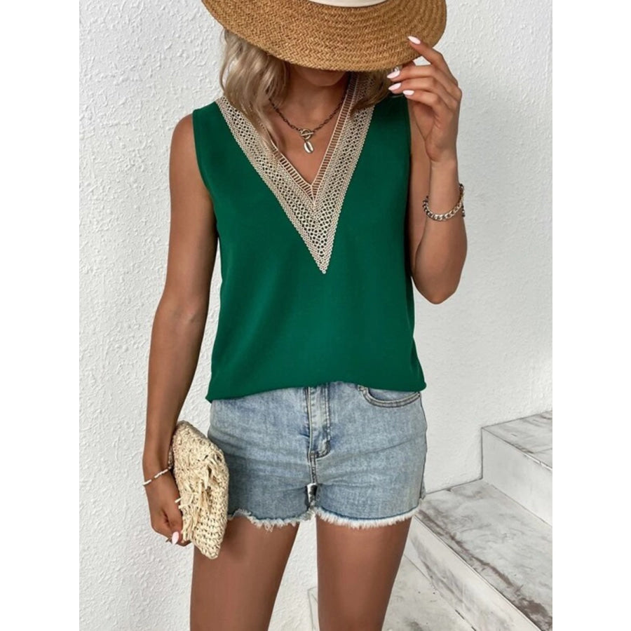 Full Size Lace Detail V-Neck Tank Green / S Apparel and Accessories