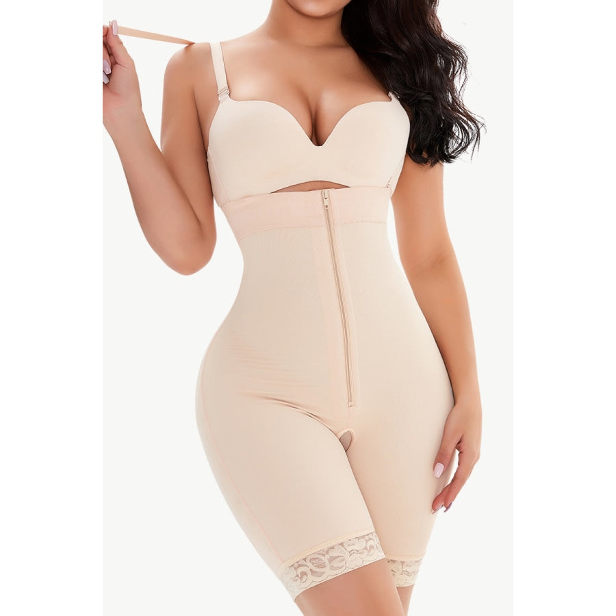 Full Size Lace Detail Zip-Up Under-Bust Shaping Bodysuit Beige / S