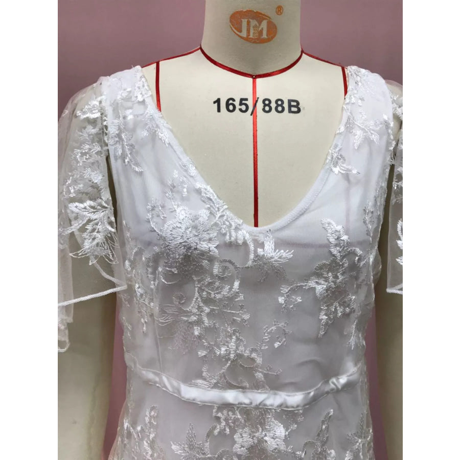 Full Size Lace Flutter Sleeve V-Neck Dress Plus Size Apparel and Accessories