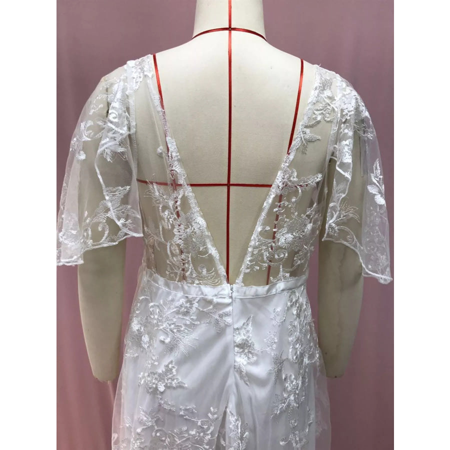 Full Size Lace Flutter Sleeve V-Neck Dress Plus Size Apparel and Accessories