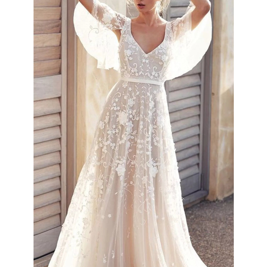 Full Size Lace Flutter Sleeve V-Neck Dress Plus Size Apparel and Accessories