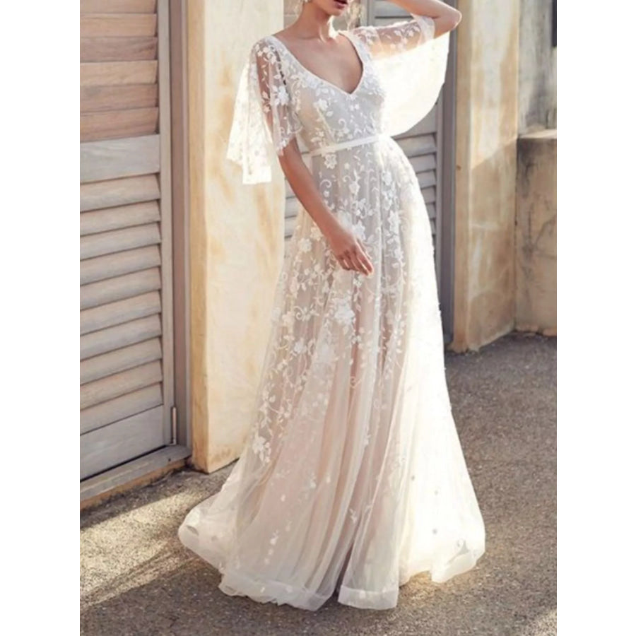 Full Size Lace Flutter Sleeve V-Neck Dress Plus Size Apparel and Accessories