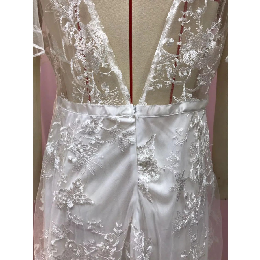Full Size Lace Flutter Sleeve V-Neck Dress Plus Size Apparel and Accessories