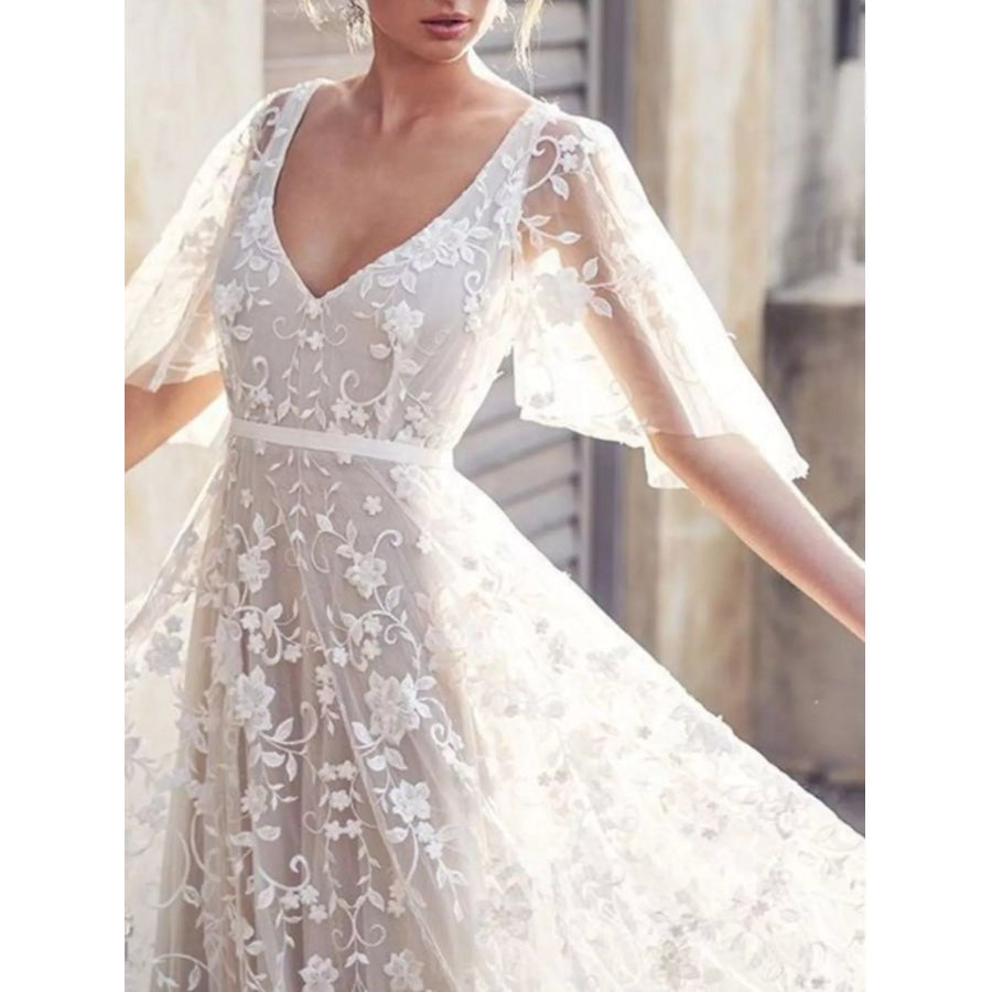 Full Size Lace Flutter Sleeve V-Neck Dress Plus Size Apparel and Accessories