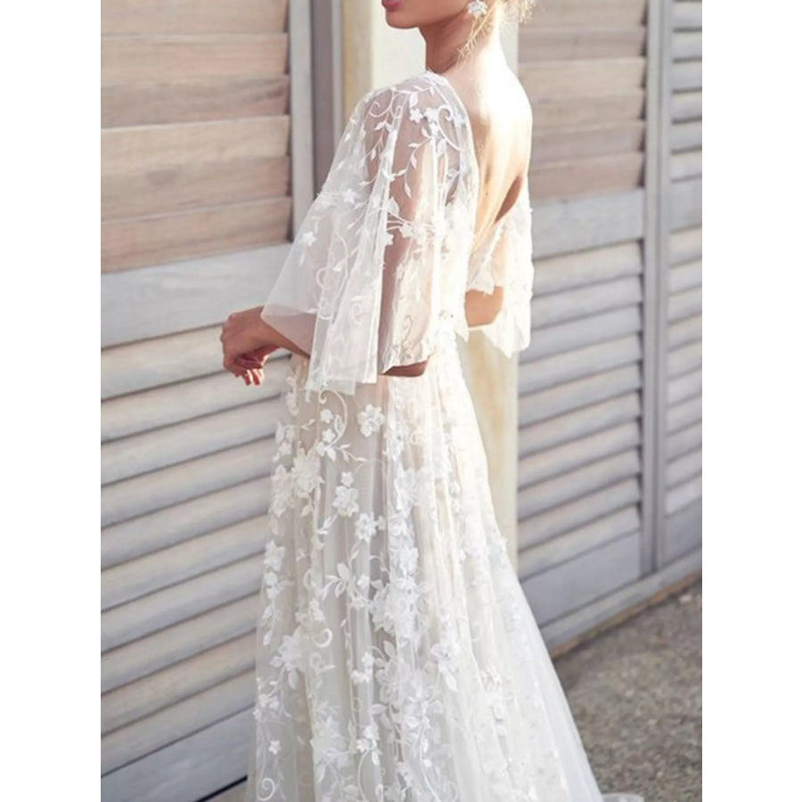 Full Size Lace Flutter Sleeve V-Neck Dress Plus Size Apparel and Accessories
