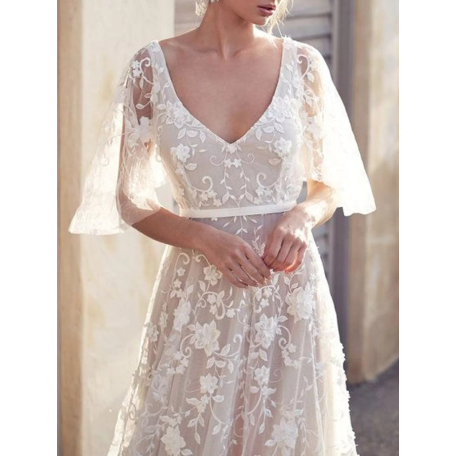 Full Size Lace Flutter Sleeve V-Neck Dress Plus Size White / S Apparel and Accessories