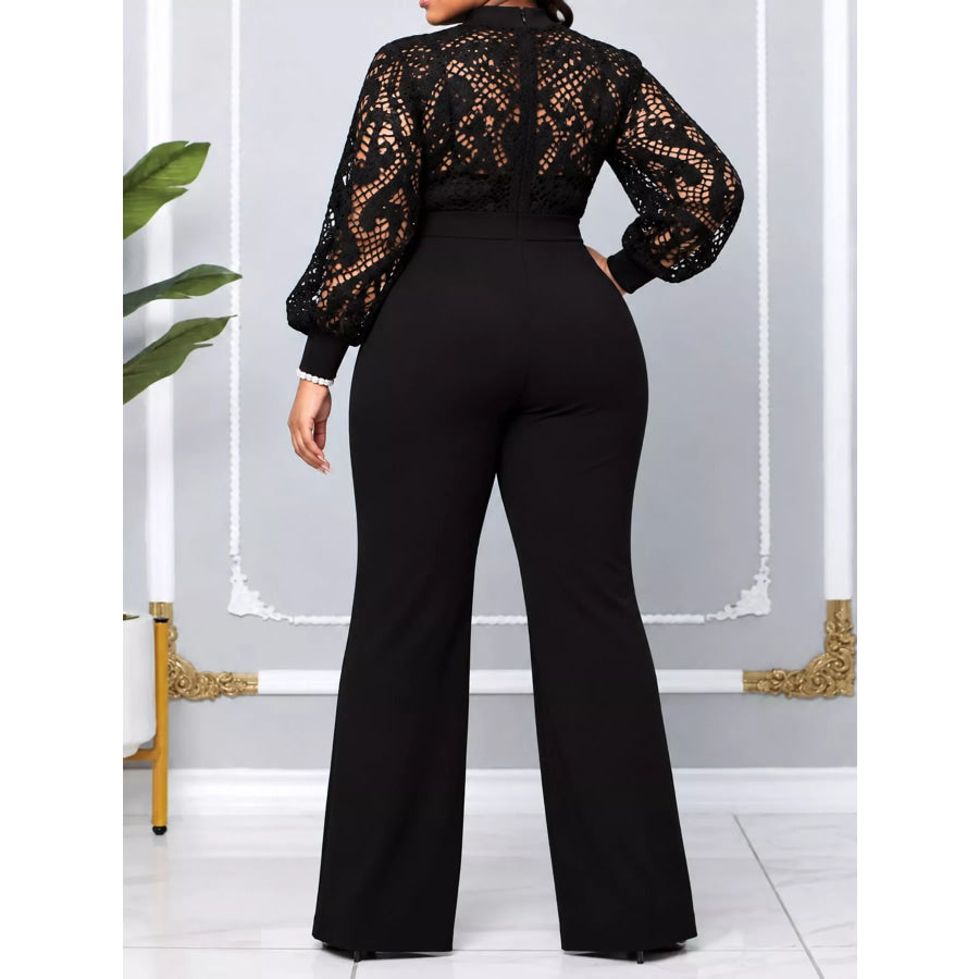 Full Size Lace Lantern Sleeve Flare Jumpsuit Plus Apparel and Accessories