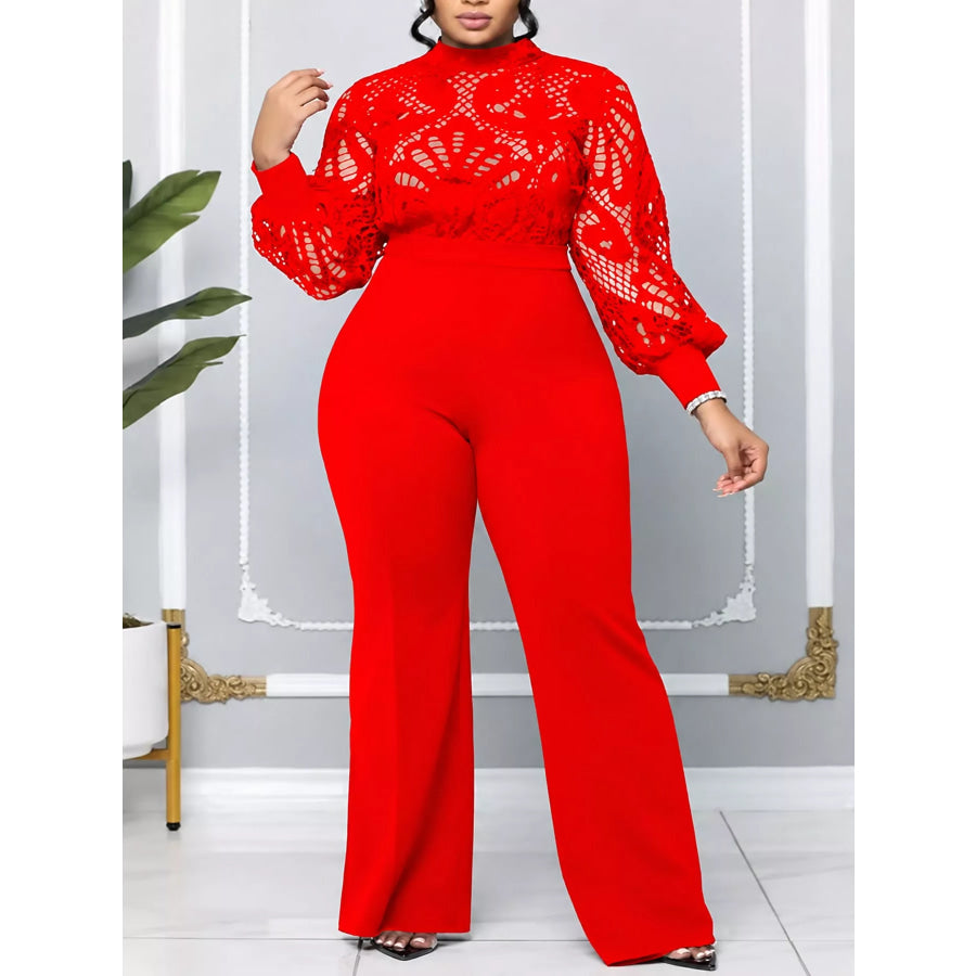 Full Size Lace Lantern Sleeve Flare Jumpsuit Plus Red / S Apparel and Accessories