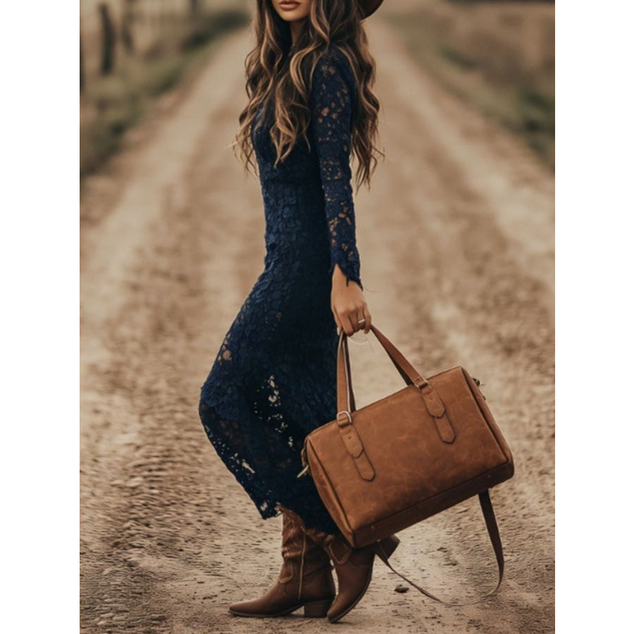 Full Size Lace Long Sleeve Midi Dress Plus Size Dark Blue / S Apparel and Accessories