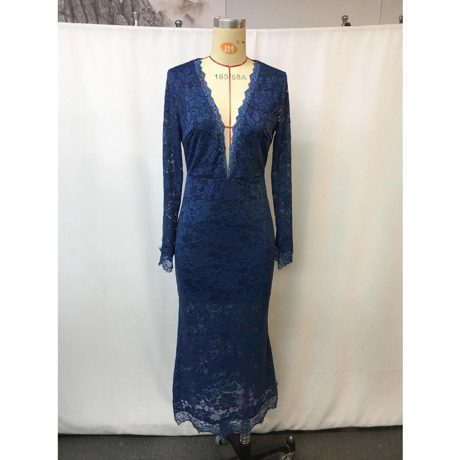 Full Size Lace Long Sleeve Midi Dress Plus Size Apparel and Accessories