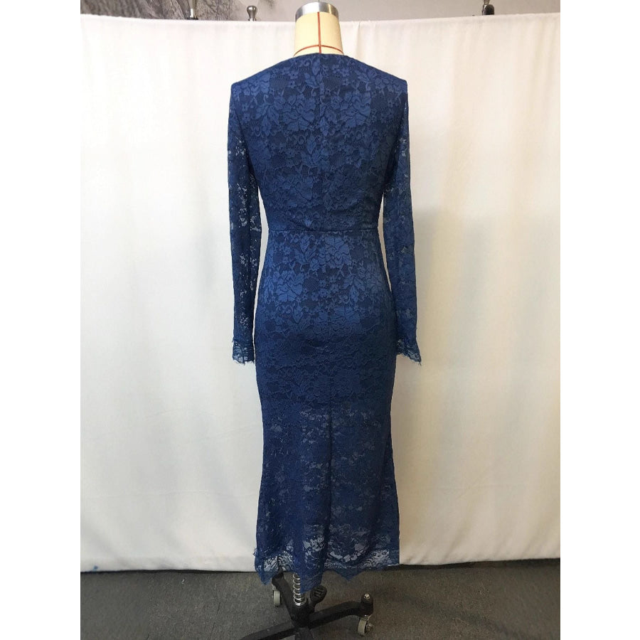 Full Size Lace Long Sleeve Midi Dress Plus Size Apparel and Accessories