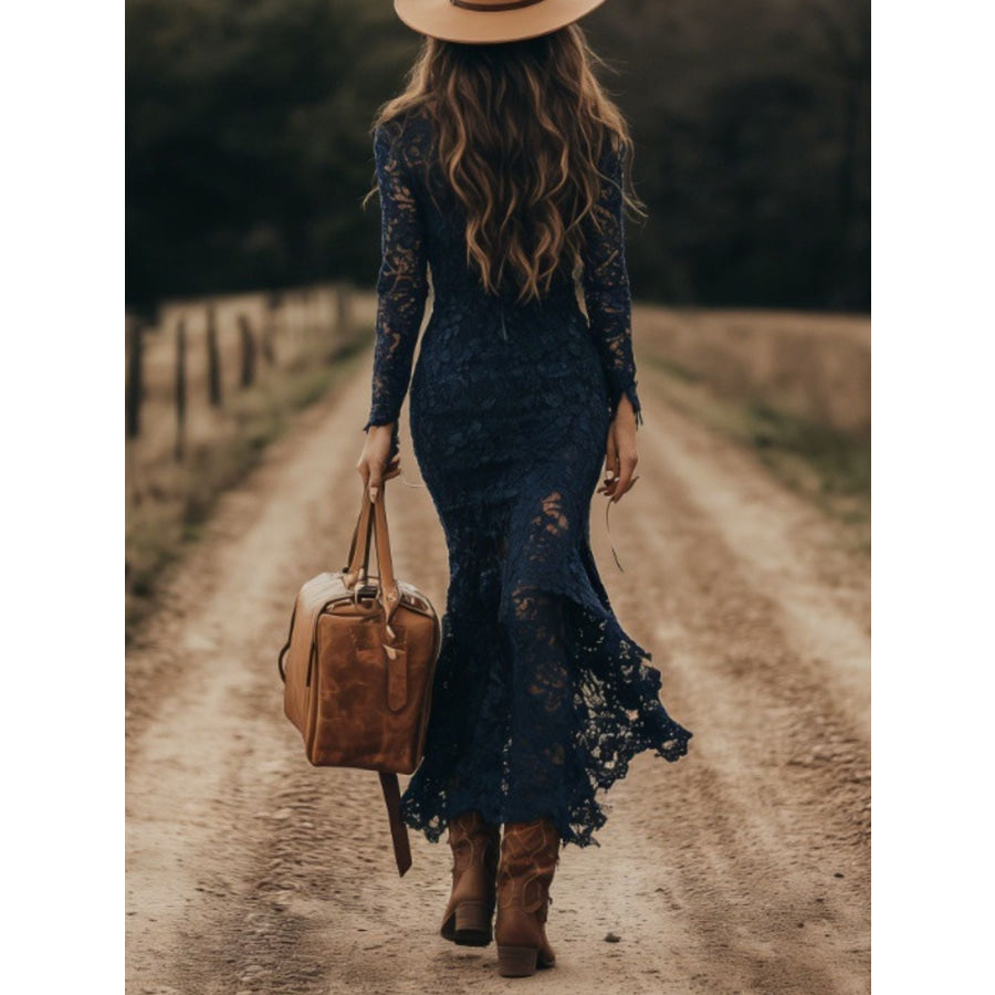 Full Size Lace Long Sleeve Midi Dress Plus Size Apparel and Accessories