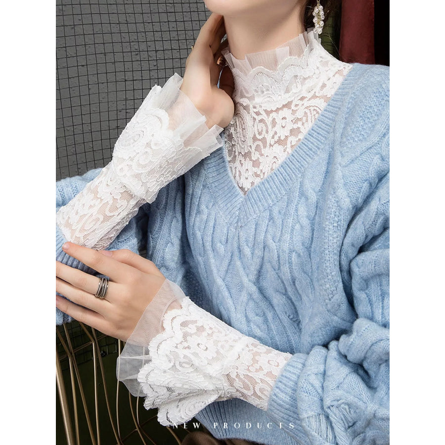 Full Size Lace Mock Neck Long Sleeve Blouse Plus Apparel and Accessories