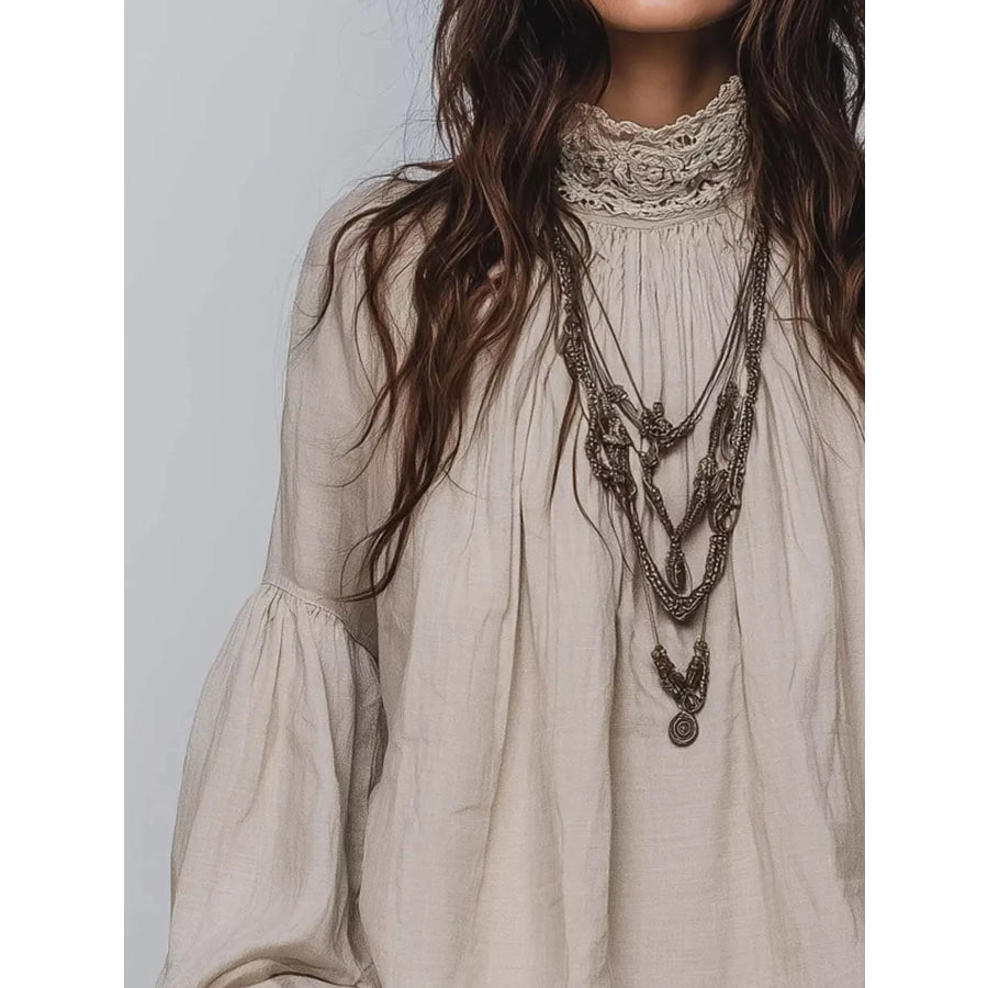Full Size Lace Mock Neck Long Sleeve Blouse Plus Apparel and Accessories