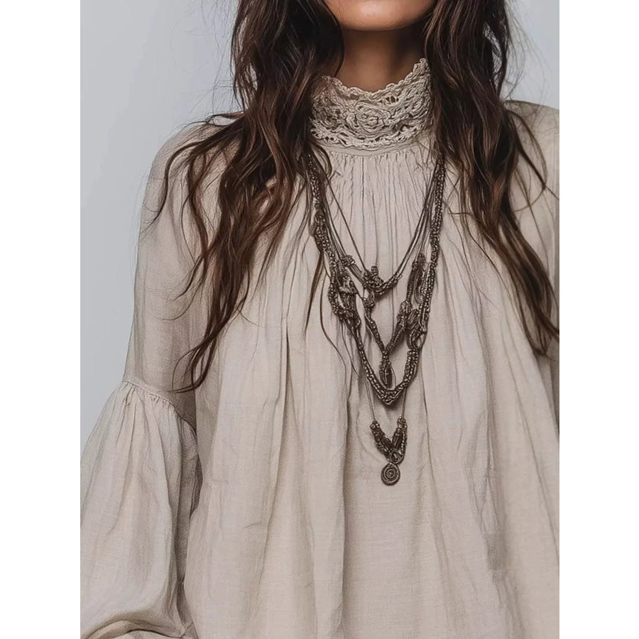 Full Size Lace Mock Neck Long Sleeve Blouse Plus Apparel and Accessories