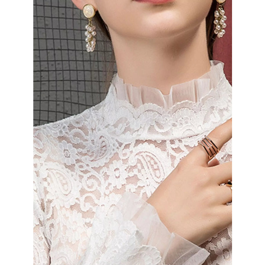 Full Size Lace Mock Neck Long Sleeve Blouse Plus Apparel and Accessories