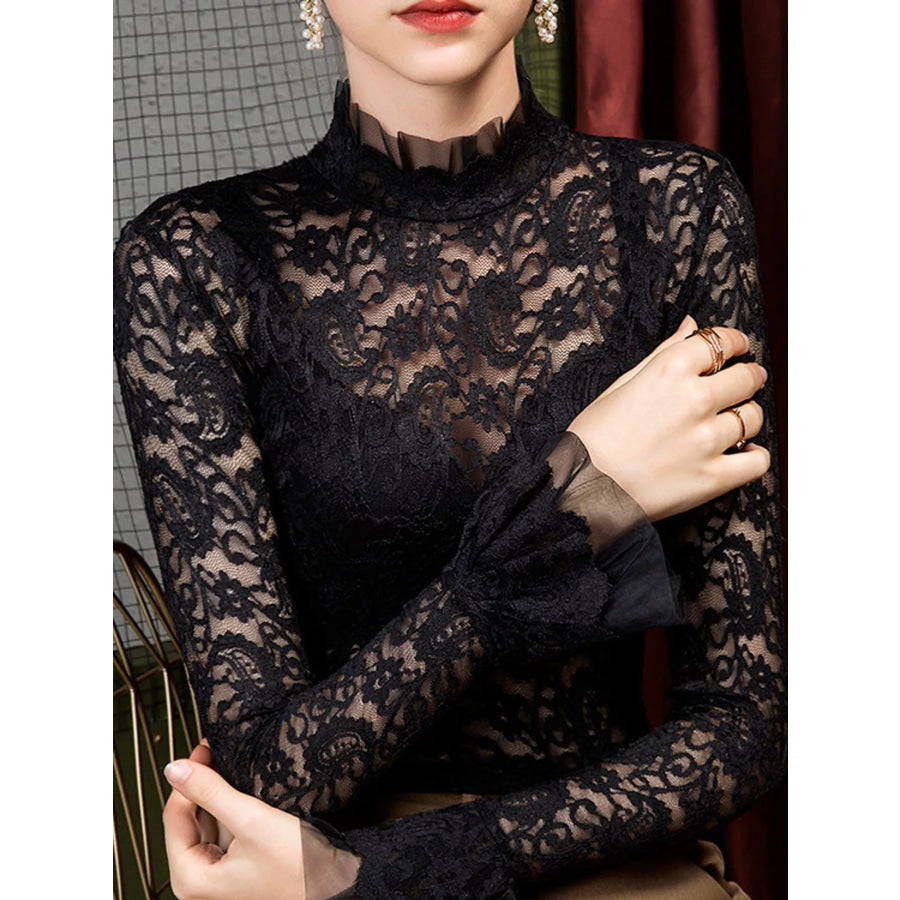 Full Size Lace Mock Neck Long Sleeve Blouse Plus Apparel and Accessories