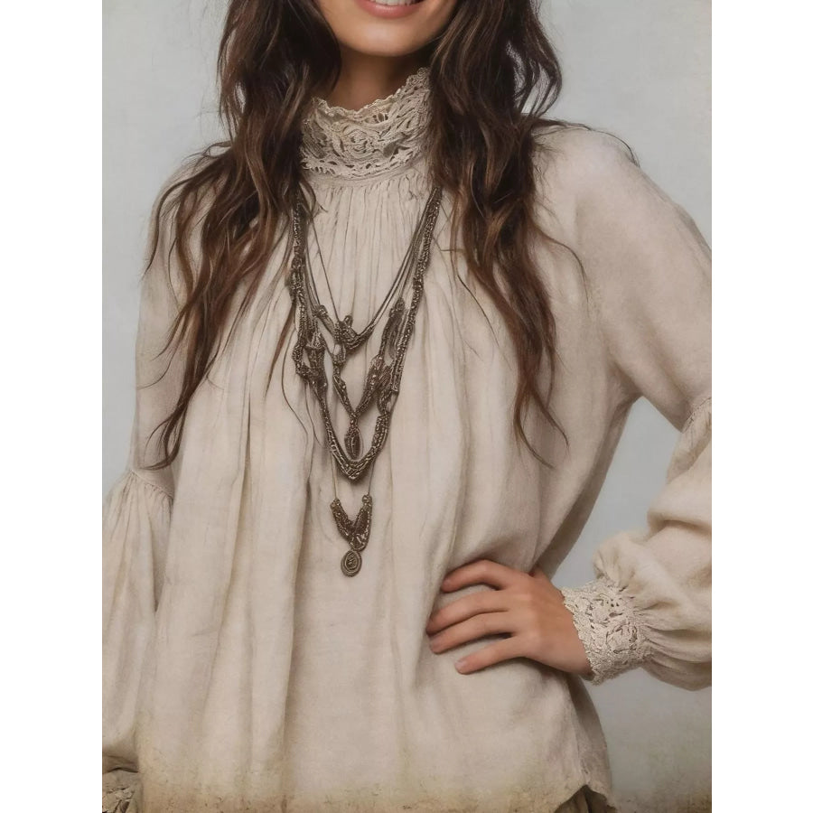 Full Size Lace Mock Neck Long Sleeve Blouse Plus Apparel and Accessories