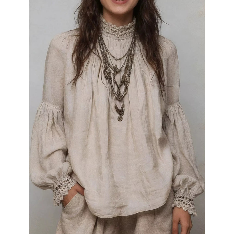 Full Size Lace Mock Neck Long Sleeve Blouse Plus Apparel and Accessories