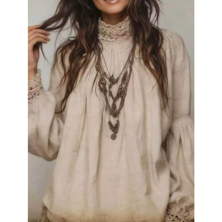 Full Size Lace Mock Neck Long Sleeve Blouse Plus Apparel and Accessories