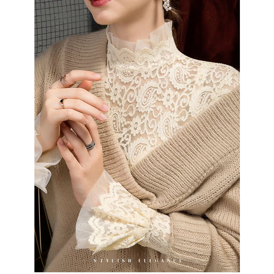 Full Size Lace Mock Neck Long Sleeve Blouse Plus Apparel and Accessories
