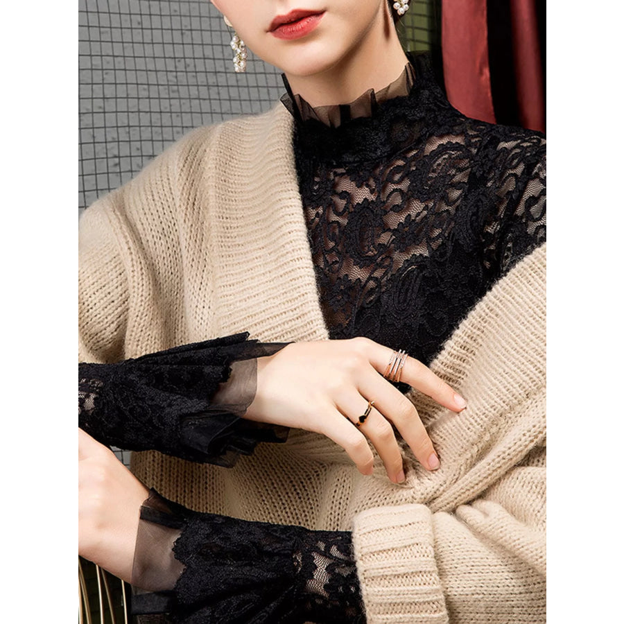 Full Size Lace Mock Neck Long Sleeve Blouse Plus Apparel and Accessories