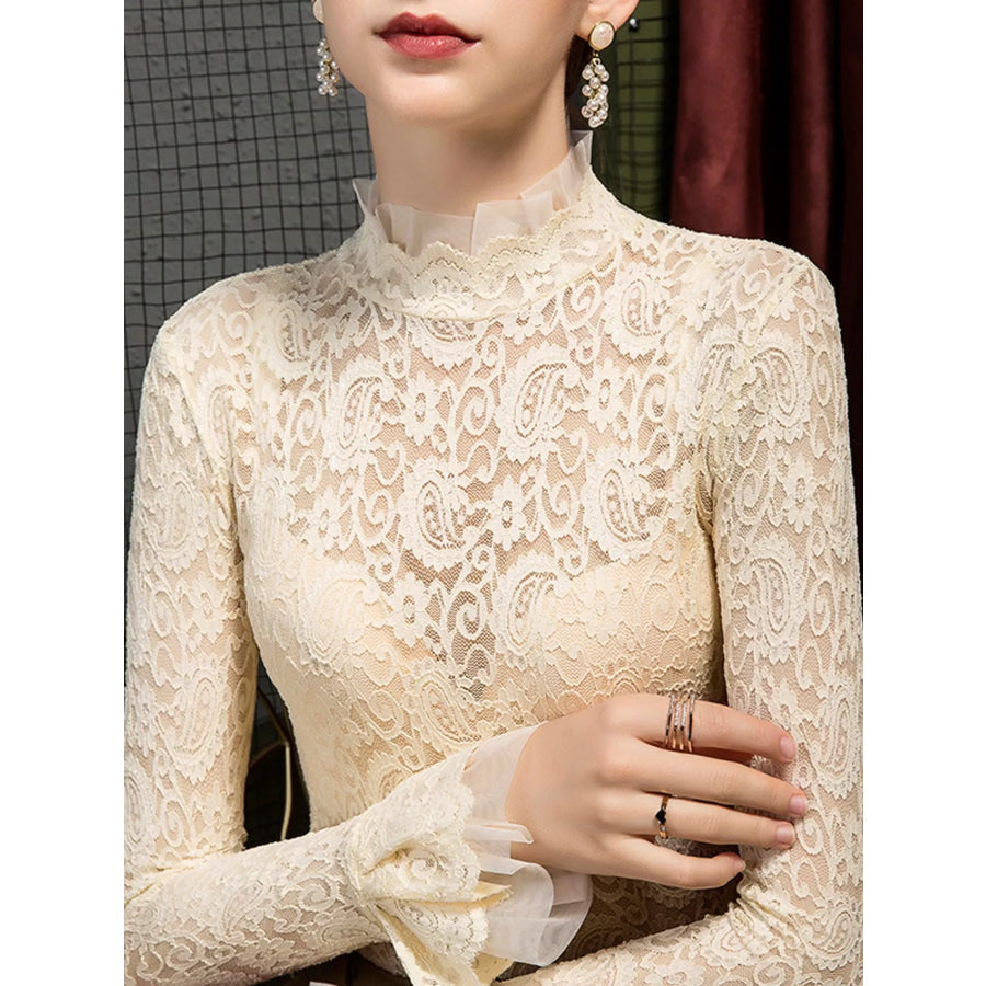 Full Size Lace Mock Neck Long Sleeve Blouse Plus Apricot / S Apparel and Accessories