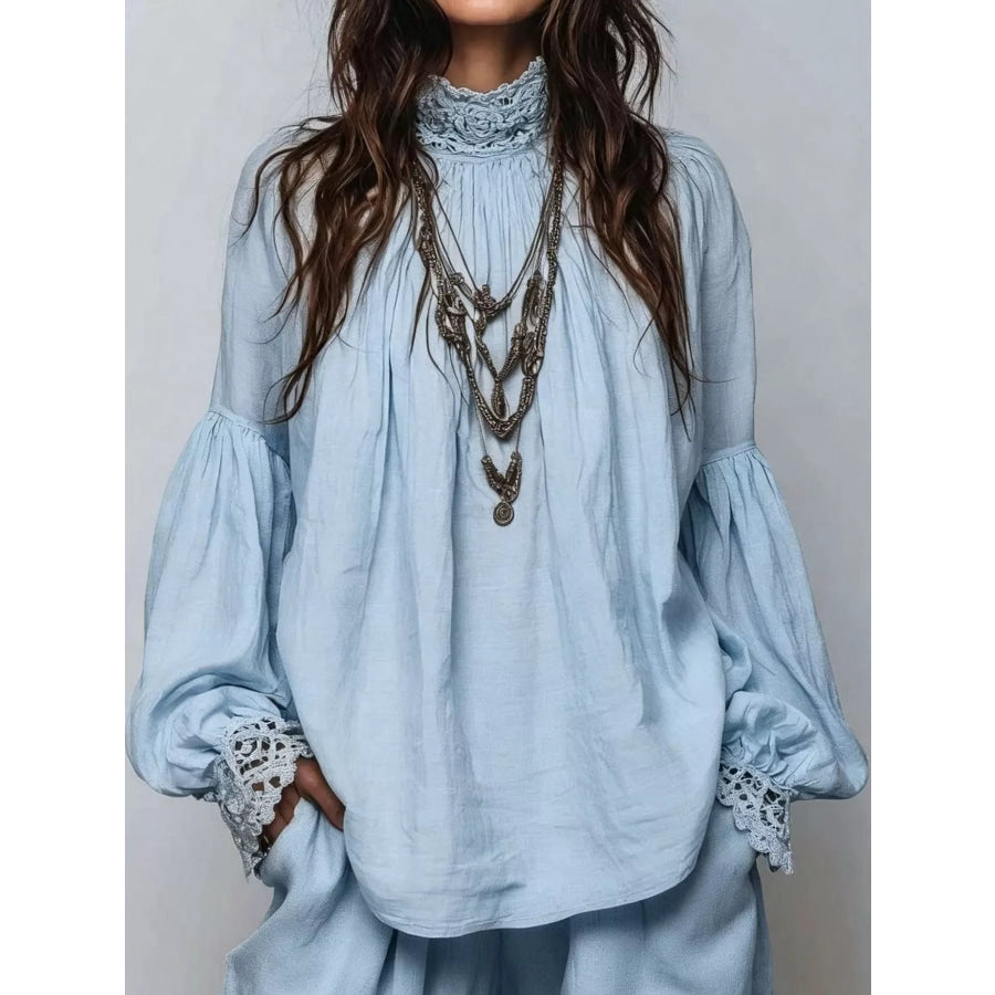 Full Size Lace Mock Neck Long Sleeve Blouse Plus Light Blue / S Apparel and Accessories