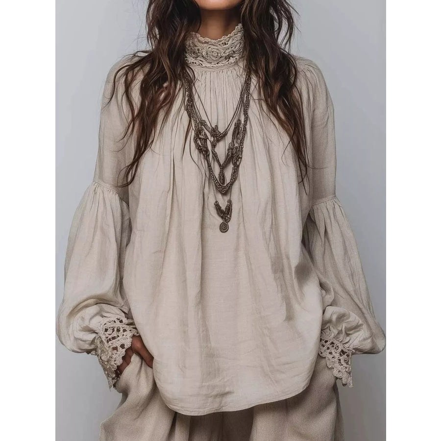 Full Size Lace Mock Neck Long Sleeve Blouse Plus Oatmeal / S Apparel and Accessories